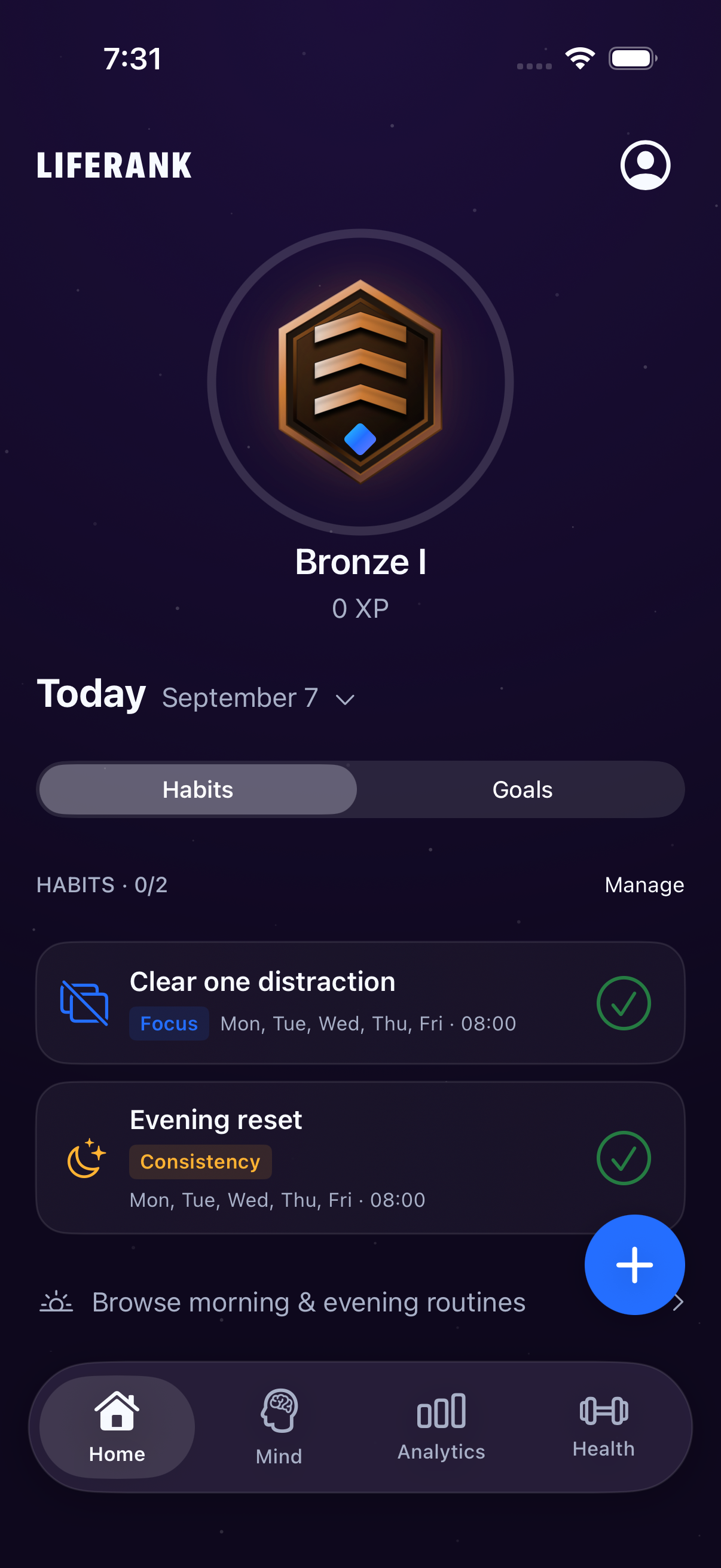 LifeRank home with a personal rank, scheduled habits and daily check-ins
